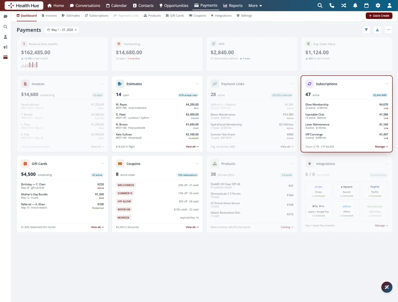 The Subscriptions card highlighted on the Health Hue Hub payments dashboard, listing active membership plans.