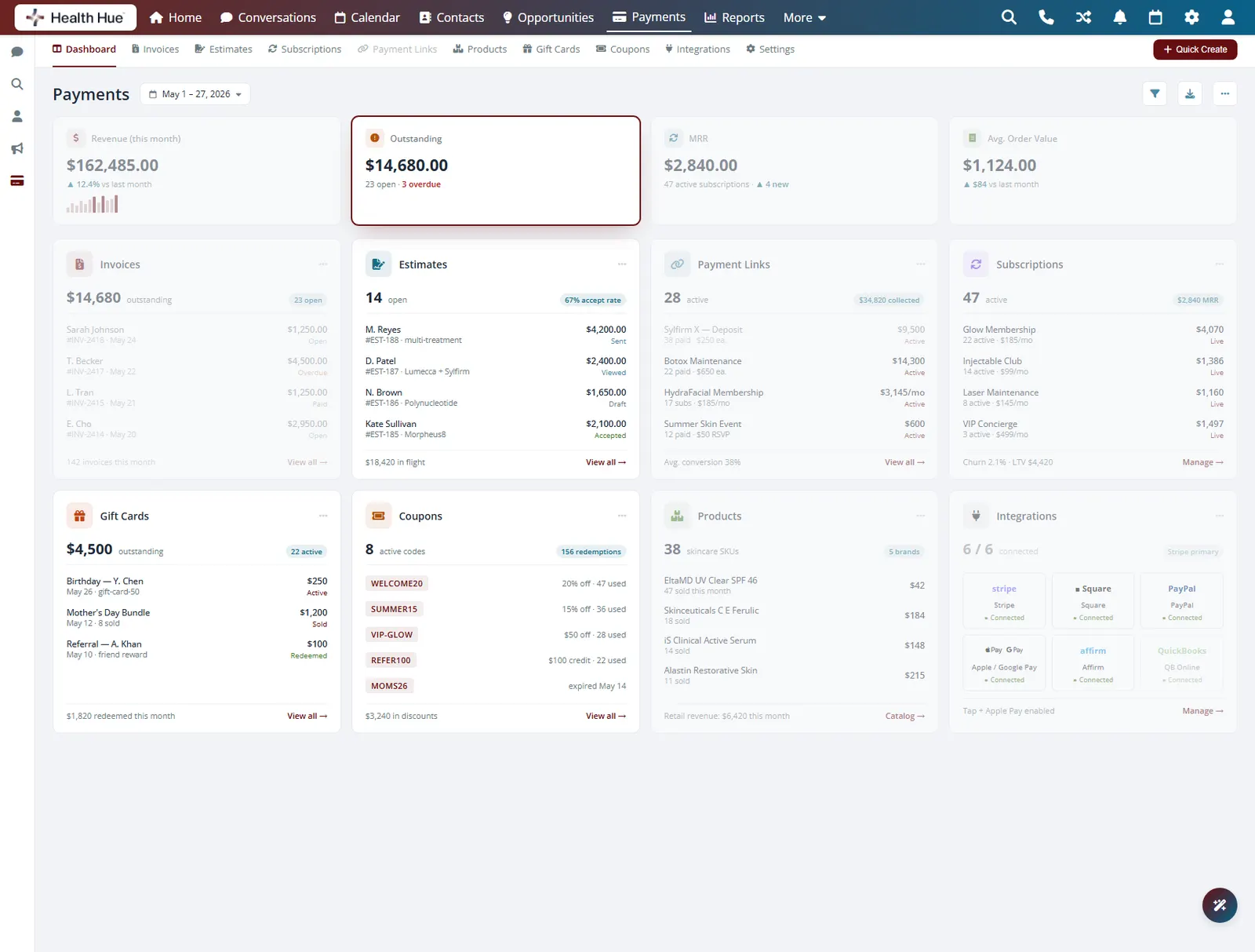 The outstanding balance tile highlighted on the Health Hue Hub payments dashboard, showing overdue no-show fees.