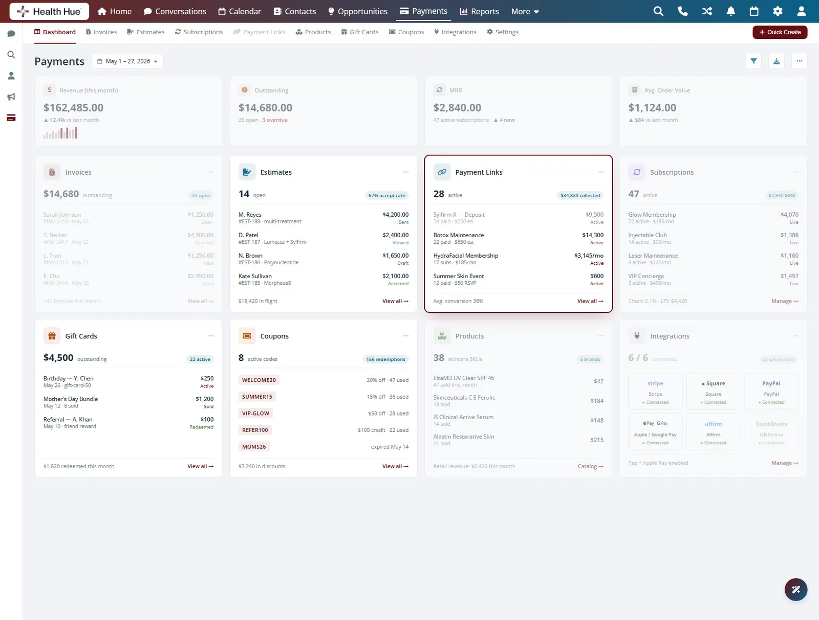 The Payment Links card highlighted on the Health Hue Hub payments dashboard for paying online from anywhere.