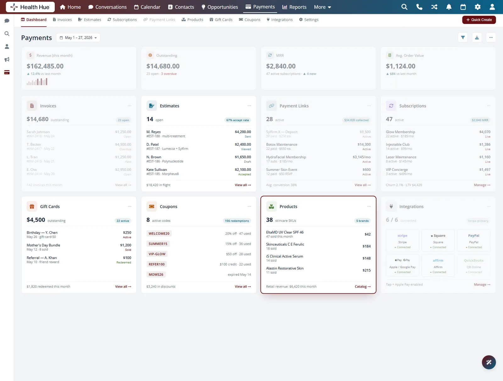 The Products card highlighted on the Health Hue Hub payments dashboard, listing retail and package items.