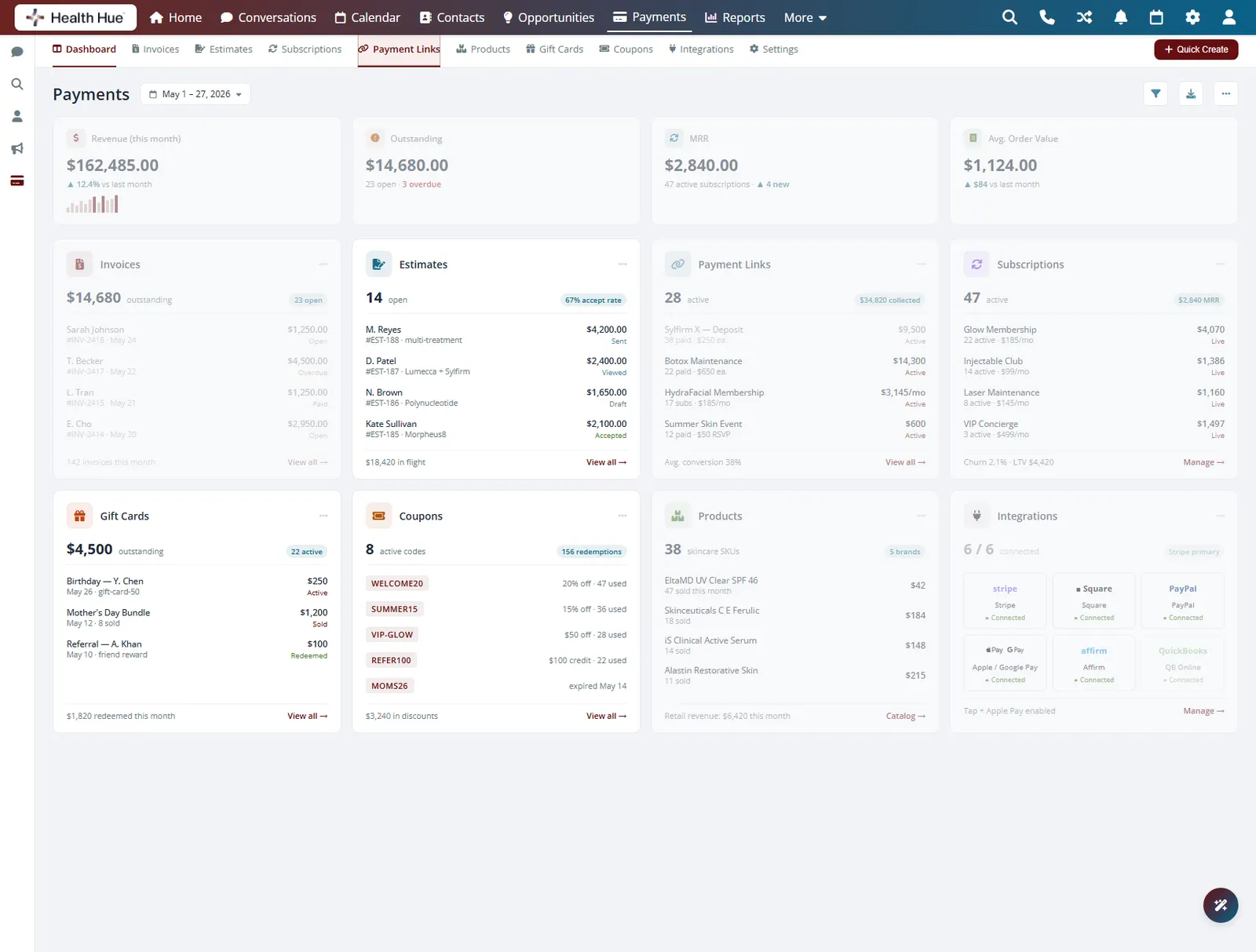 The Payment Links tab highlighted in the Health Hue Hub payments screen, where a patient pays from their phone.