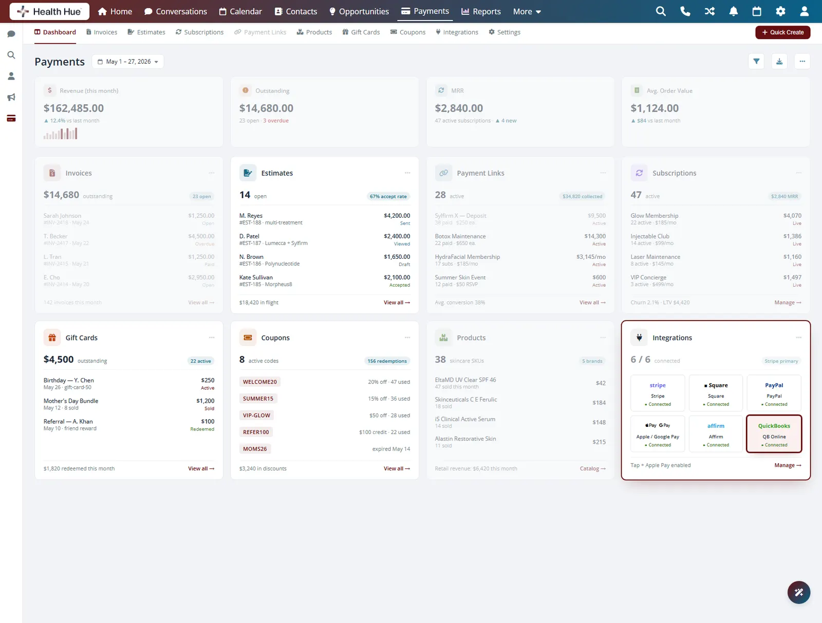The Integrations card highlighted on the Health Hue Hub payments dashboard, with QuickBooks Online connected.