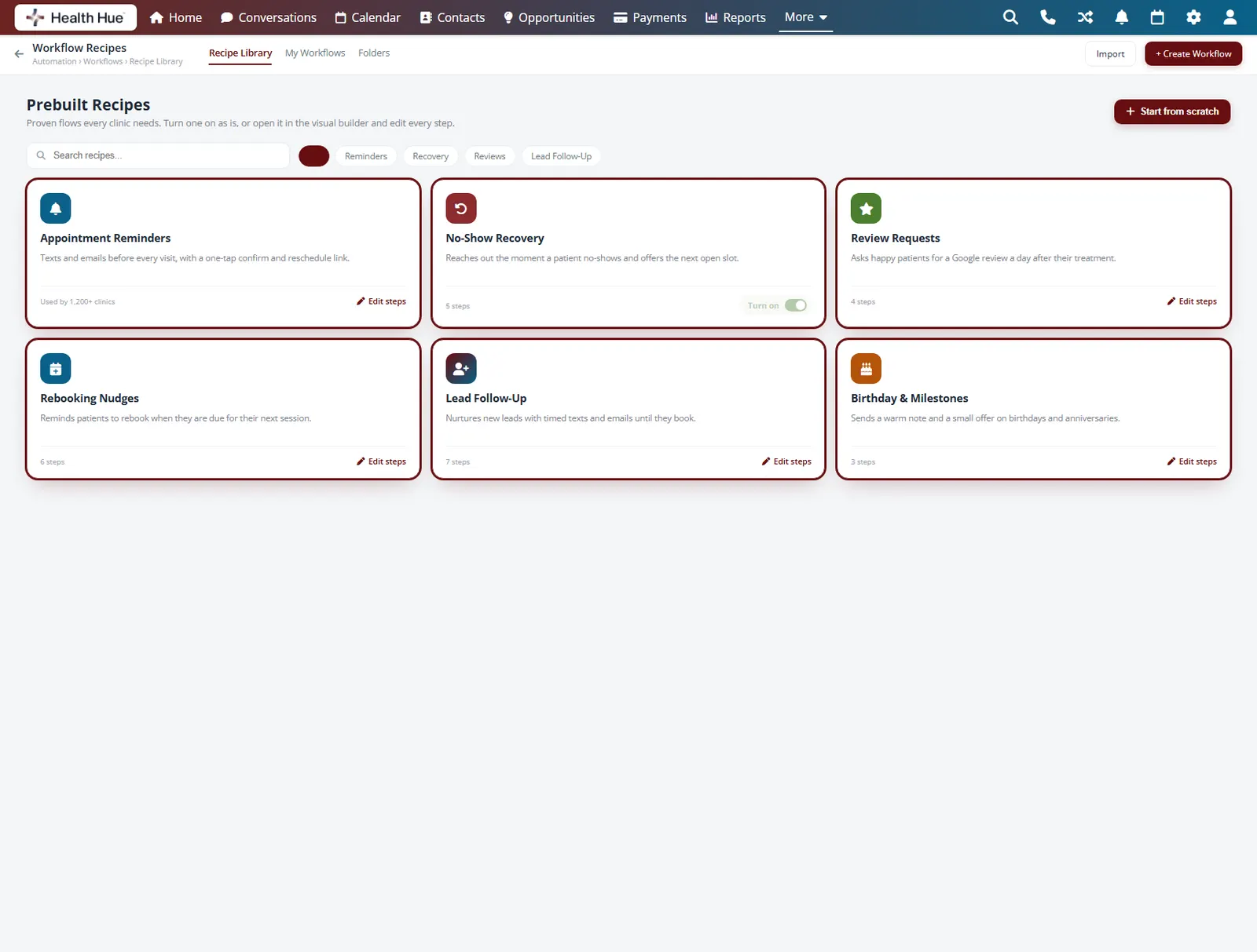 The prebuilt recipe library in the Health Hue Hub with ready made flows highlighted for reminders, recovery, reviews, and rebooking.
