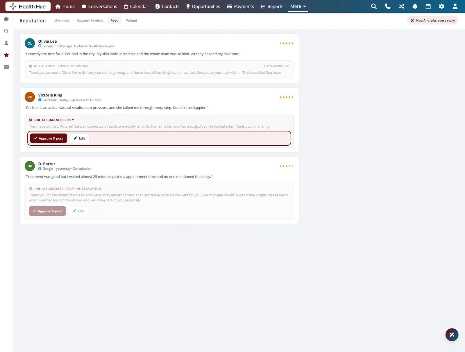 The same review with the approve and edit buttons highlighted for one-click sending.