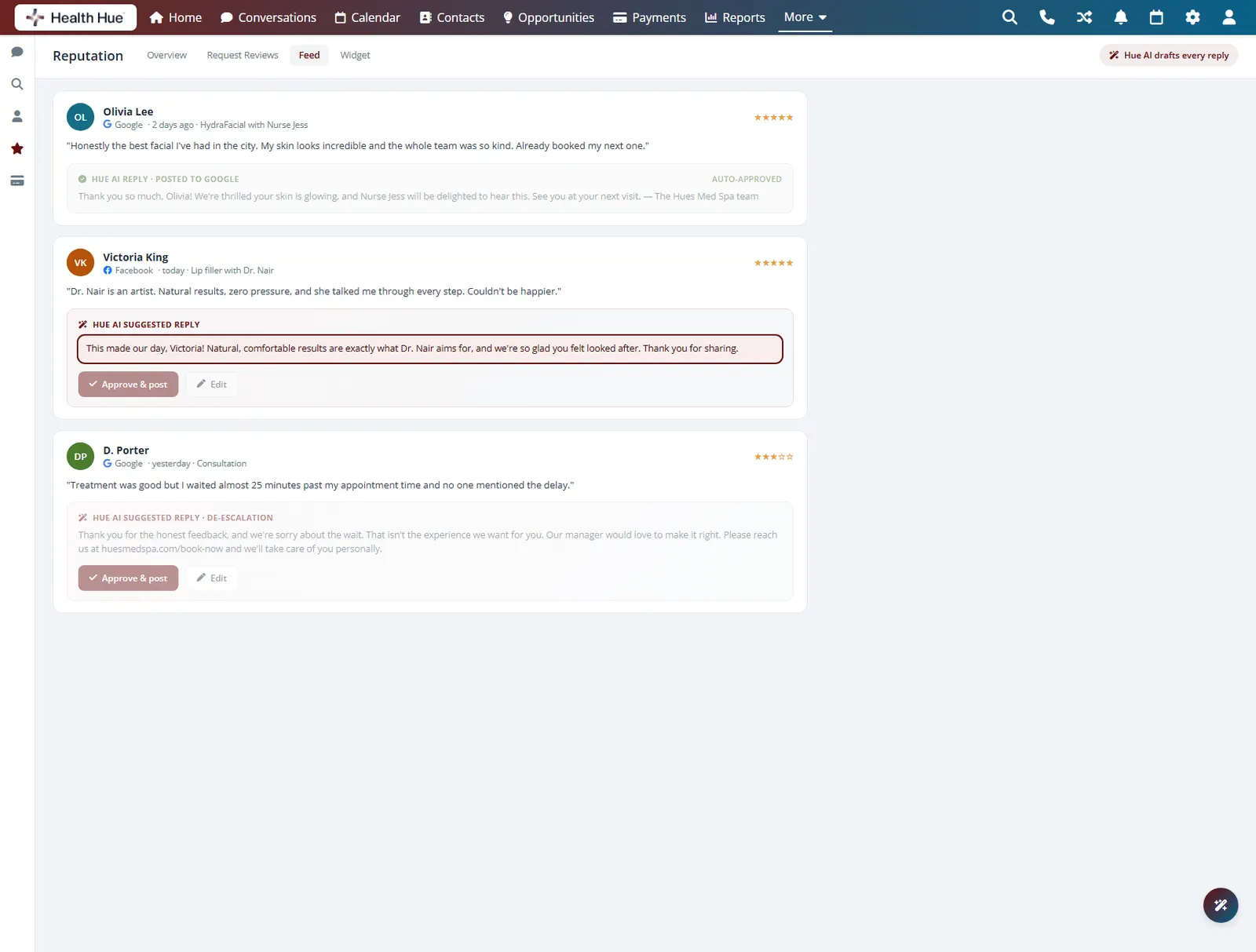An AI-drafted review reply in the Health Hue Hub, written in the clinic voice for a new five-star review.