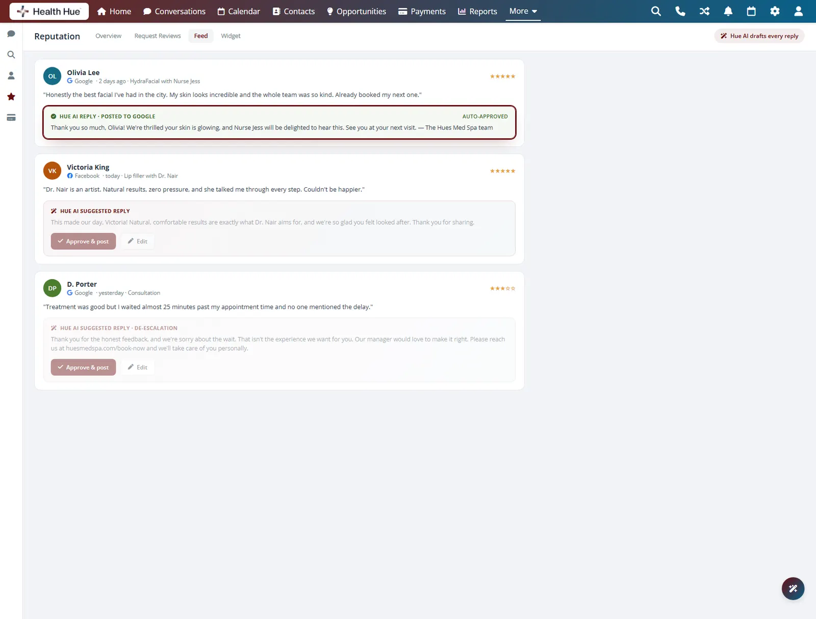 A reply already posted back to Google after auto-approval, shown in the review feed.