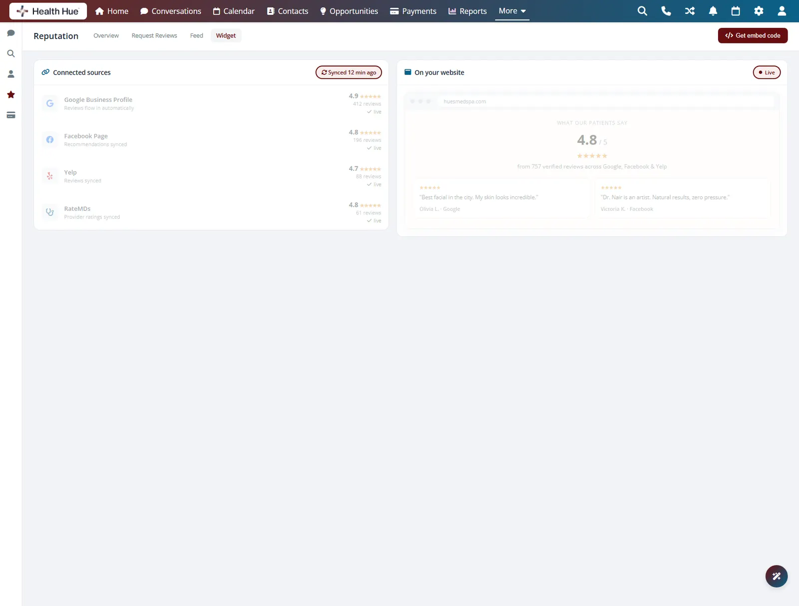 The same view showing the recent sync and live status that keep the website widget current.