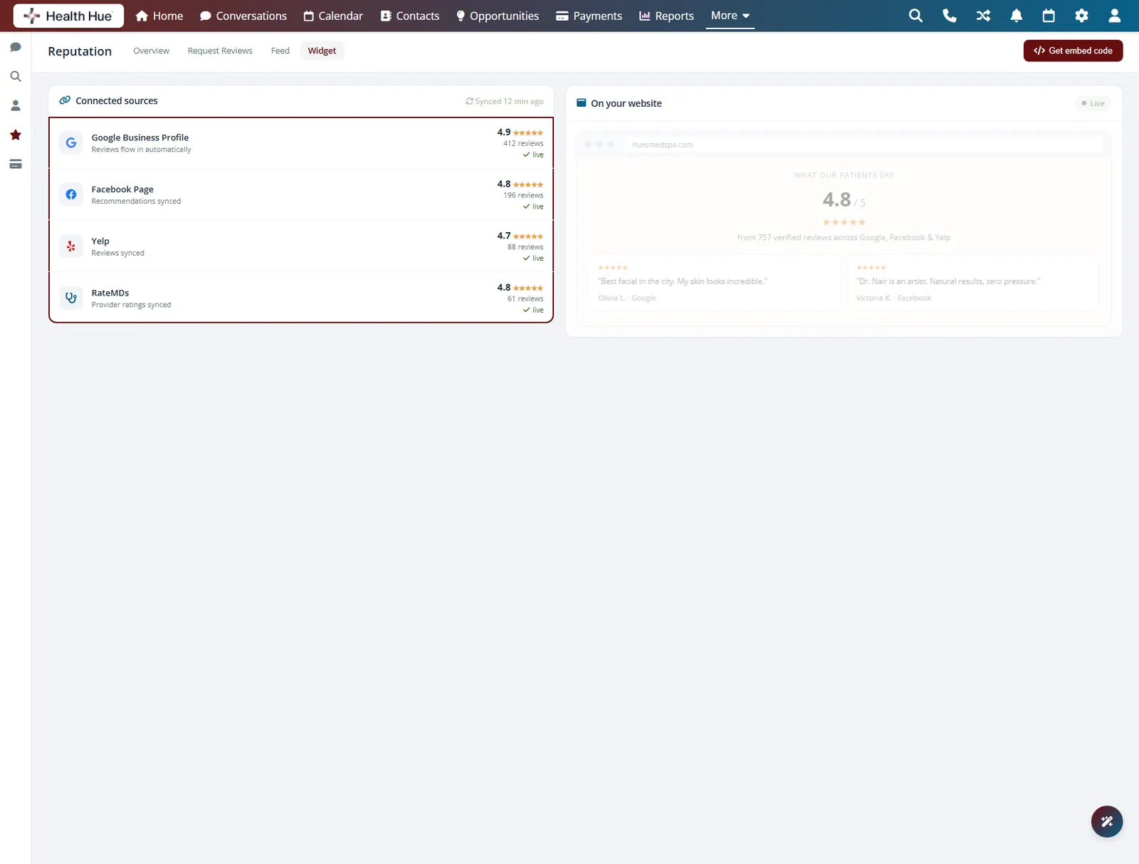The Health Hue Hub reputation view, with Google, Facebook, Yelp and RateMDs all connected in one inbox.
