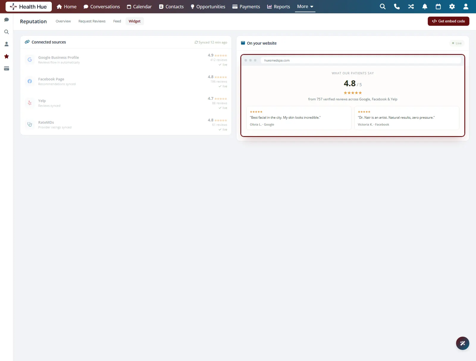 The same view highlighting the live five-star reviews widget shown on the clinic website.
