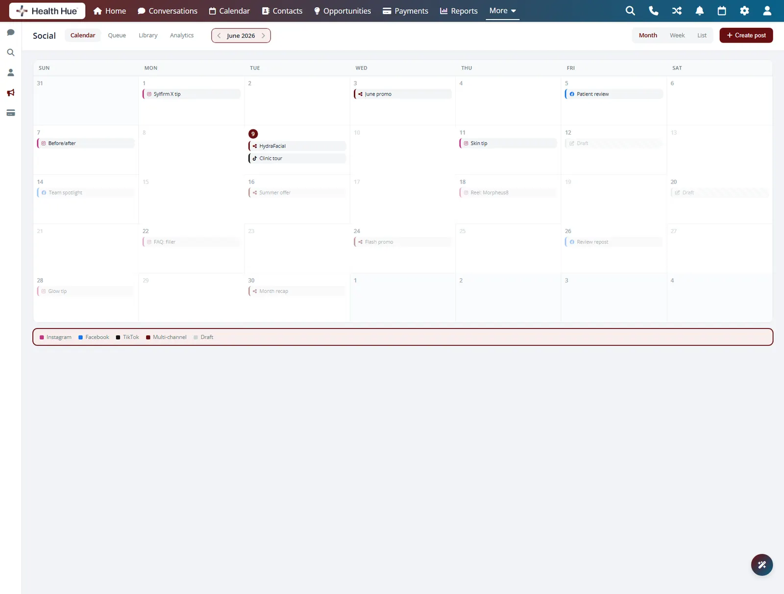 A month of social posts on one calendar in the Health Hue Hub, with every channel shown in a single view.