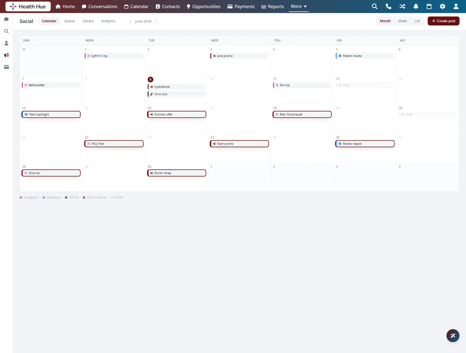 Future weeks of the social calendar pre-filled with scheduled posts in the Health Hue Hub.