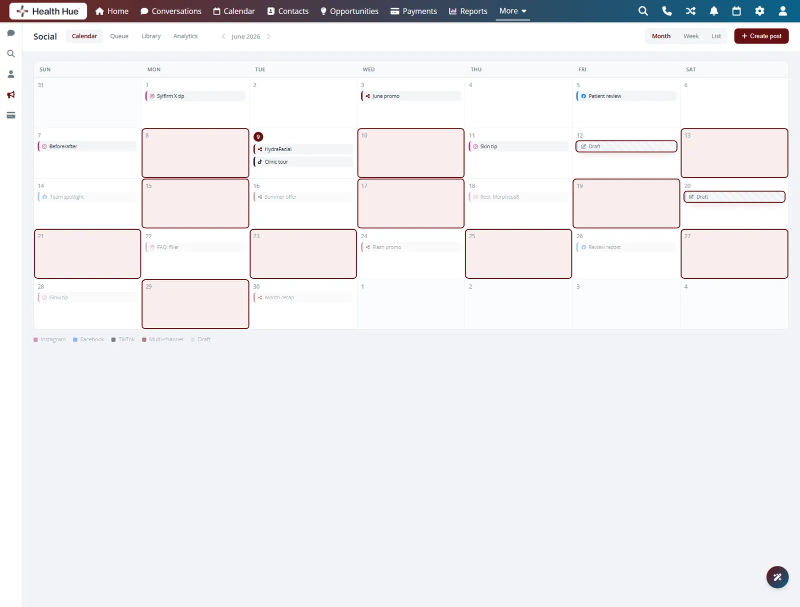 The social calendar in the Health Hue Hub highlighting the empty days that still need a post.