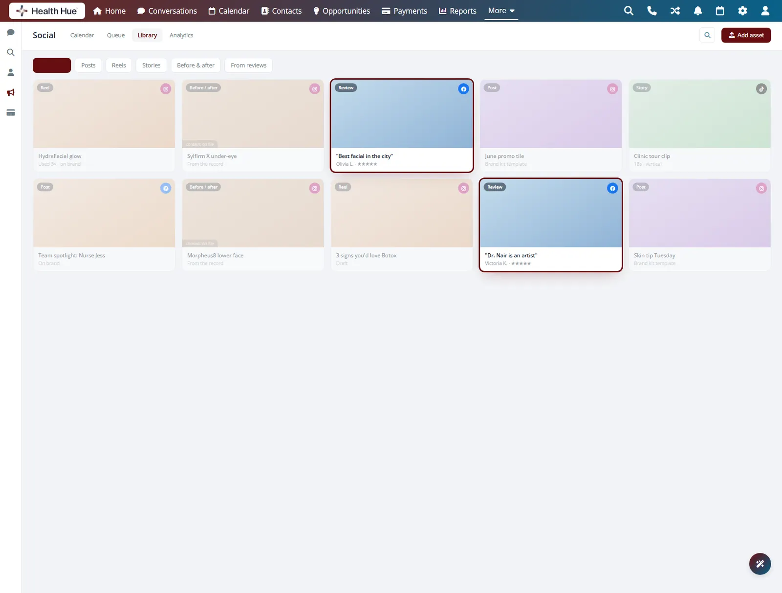 Five-star patient reviews ready to turn into posts in the Health Hue Hub content library.