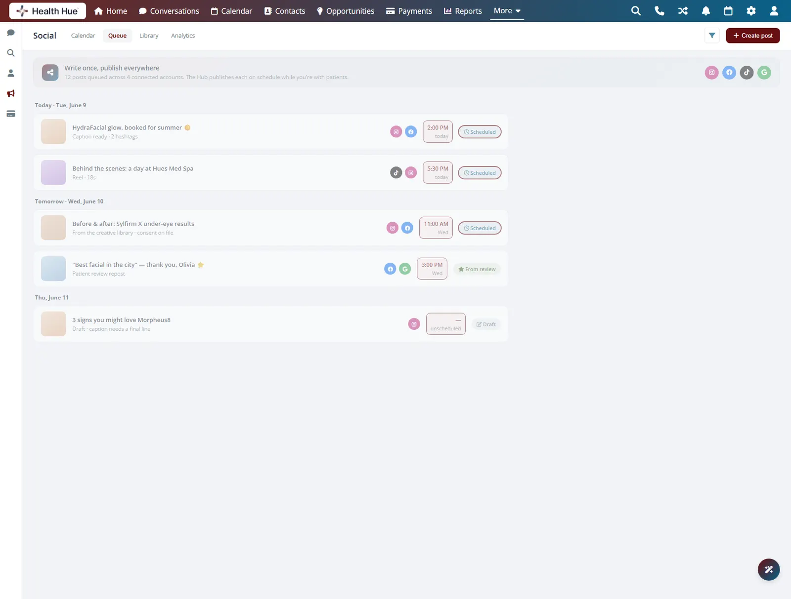 Scheduled publish times and status set on each queued post in the Health Hue Hub.