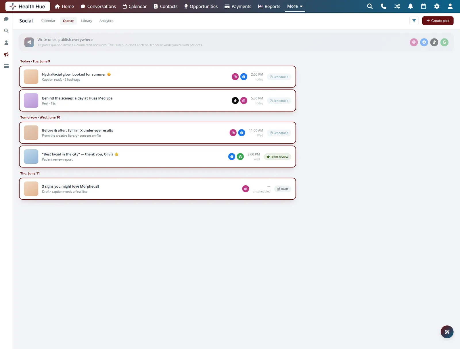 A full queue of posts spread across the coming days in the Health Hue Hub.