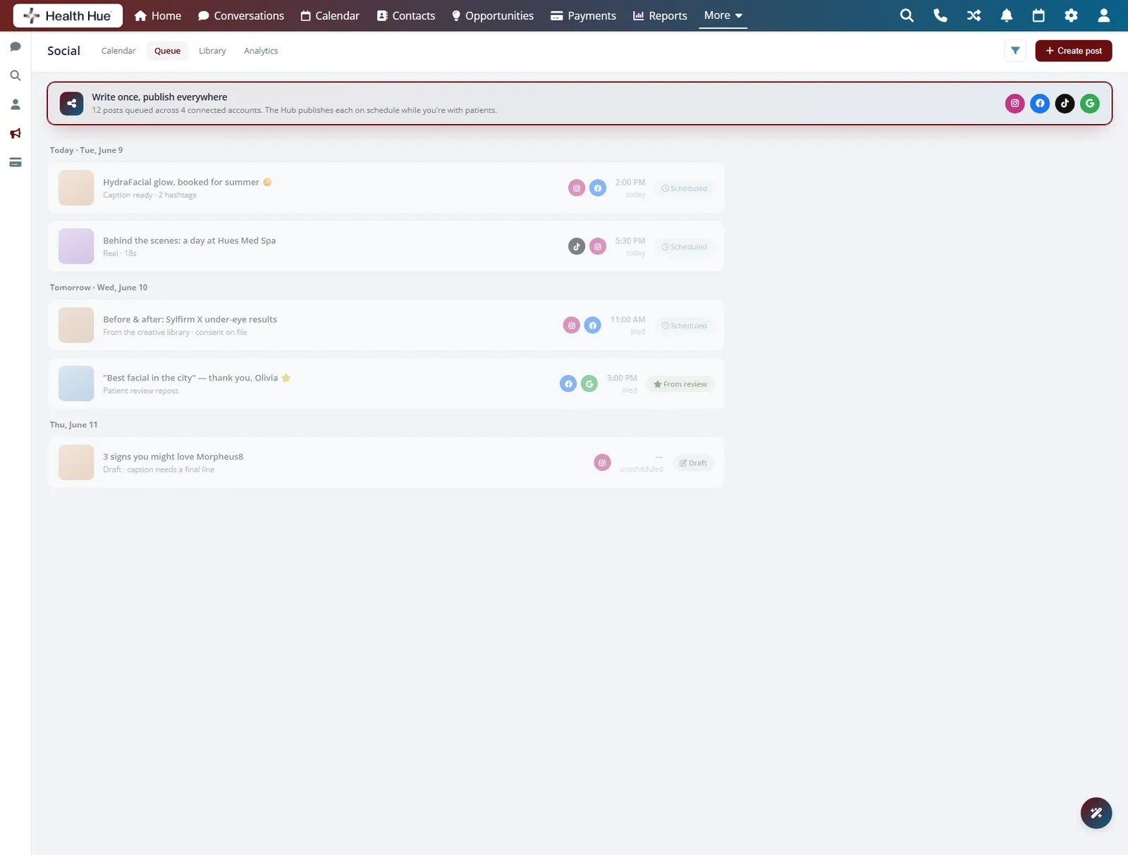 One post queued to Instagram, Facebook, TikTok, and Google at once in the Health Hue Hub.