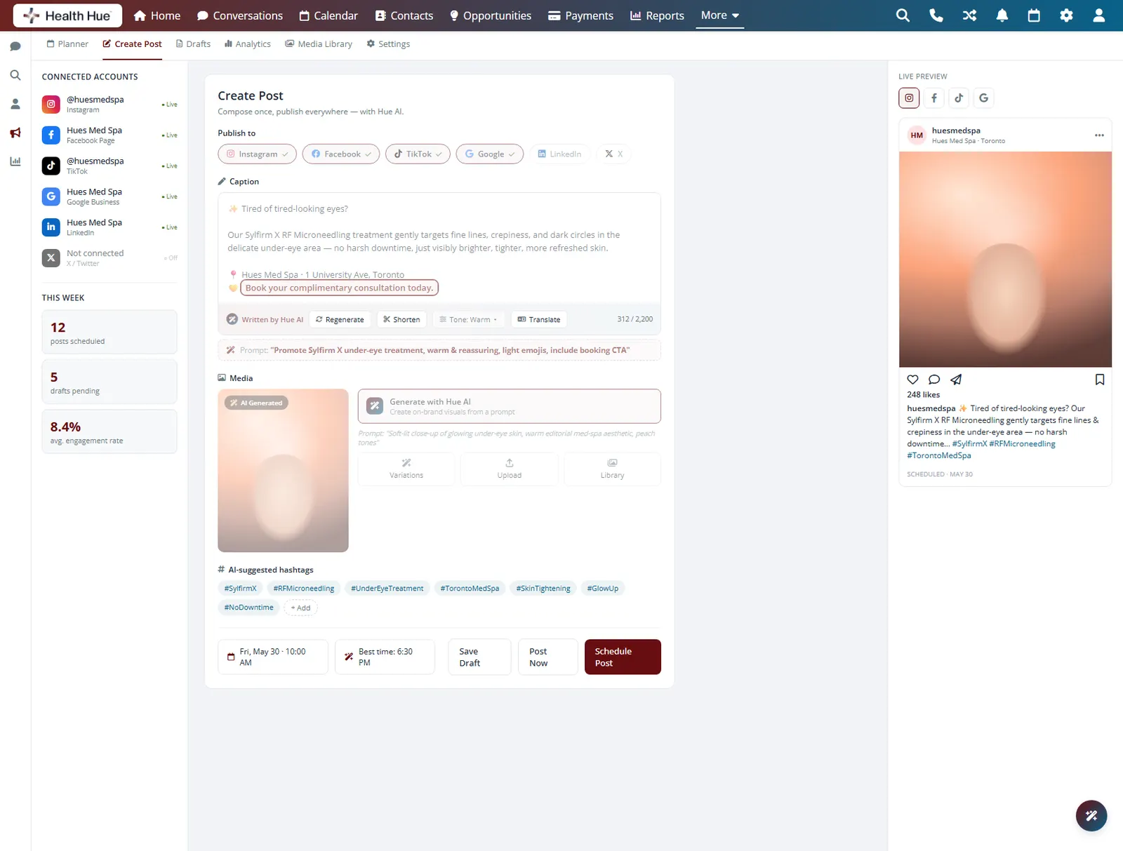 A clear booking call to action highlighted at the end of the social caption in the Health Hue Hub.
