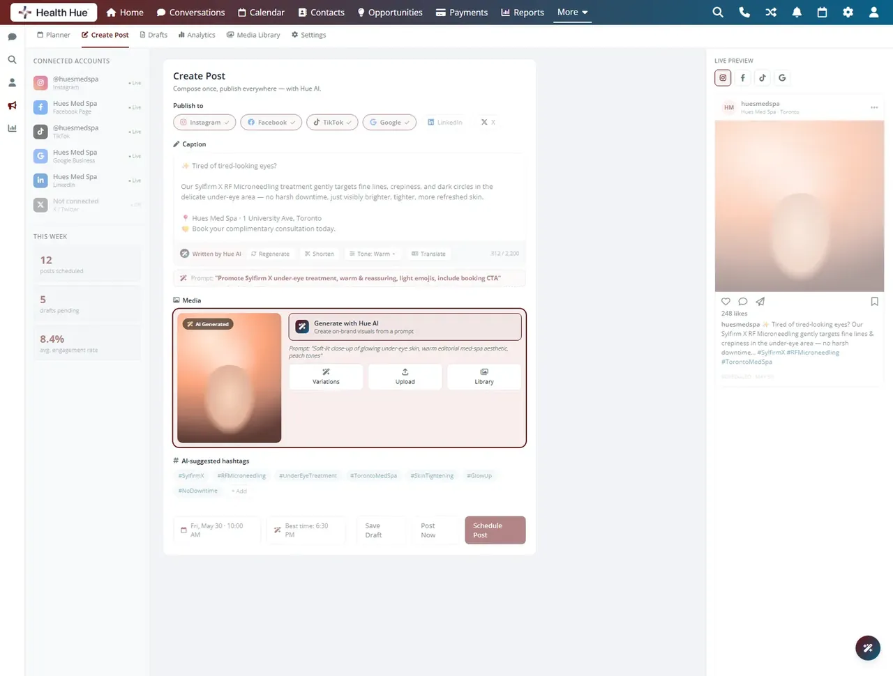 The same composer highlighting on-brand media designed with Hue AI