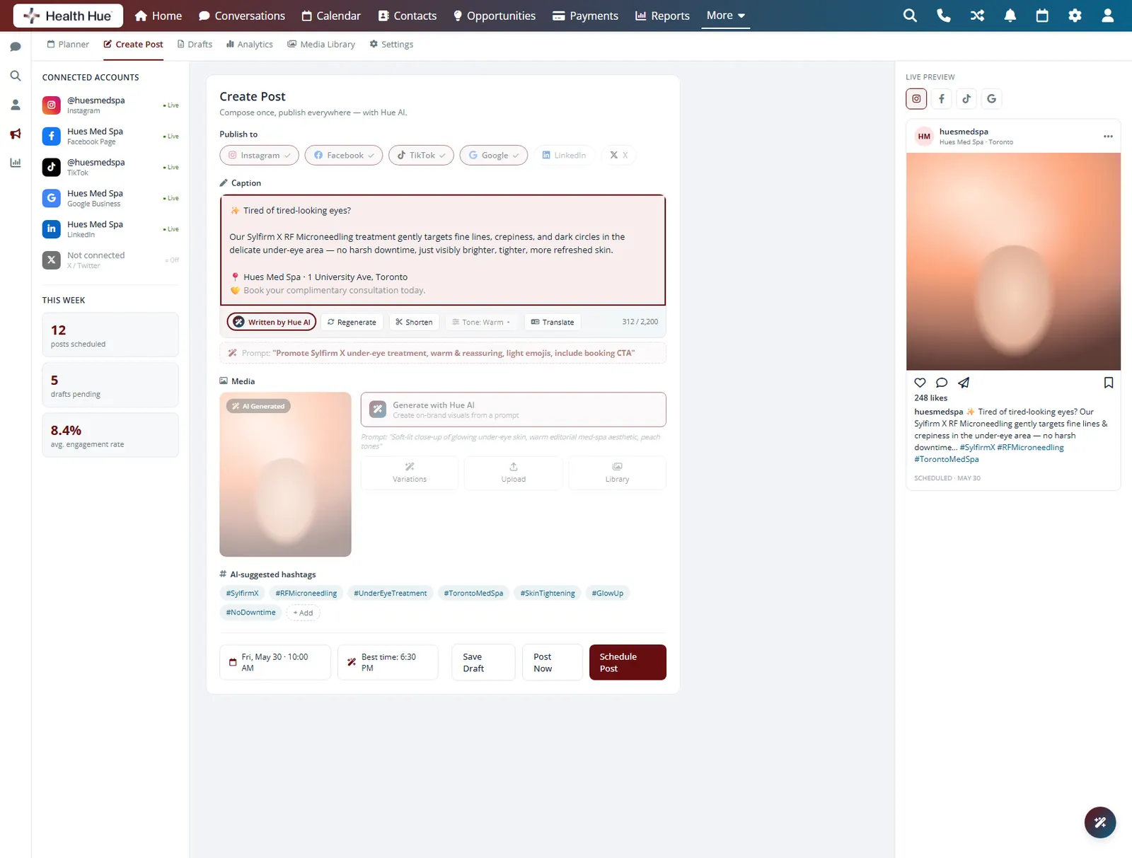 A first-draft social caption written by Hue AI in the Health Hue Hub composer.