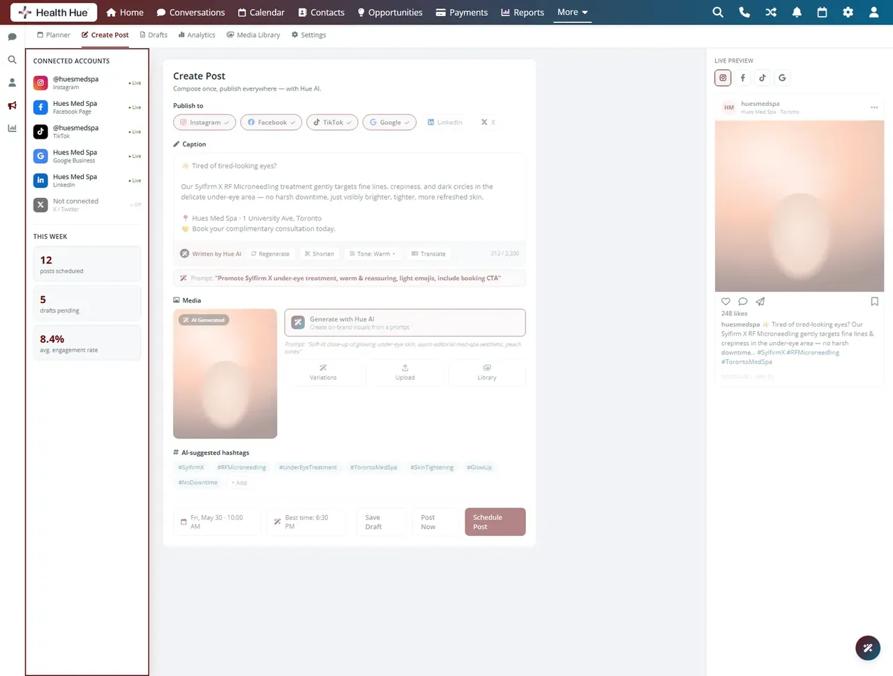 A social-media composer highlighting the weekly content queue and connected accounts