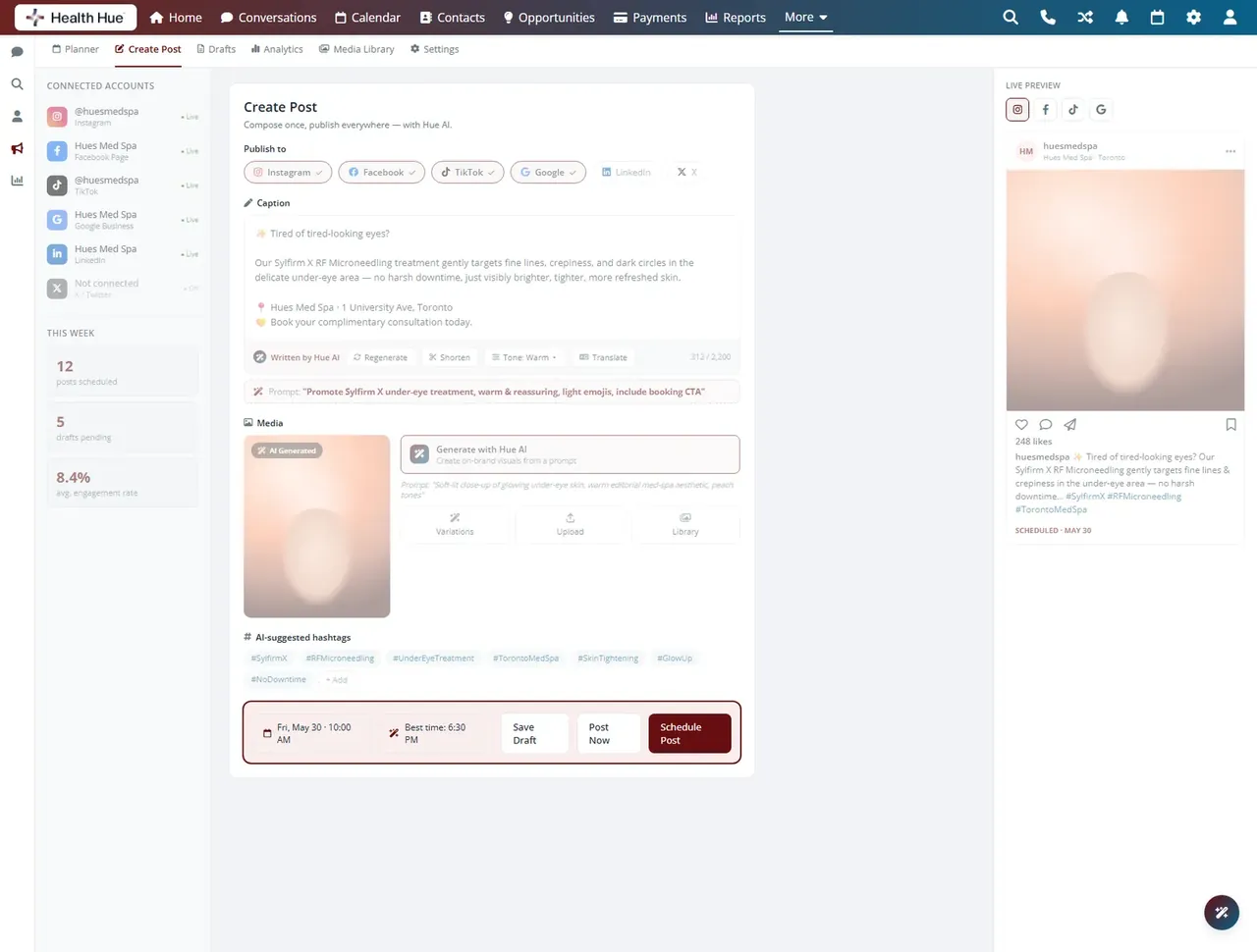 The same composer highlighting the schedule bar that posts across Instagram, Facebook, and TikTok