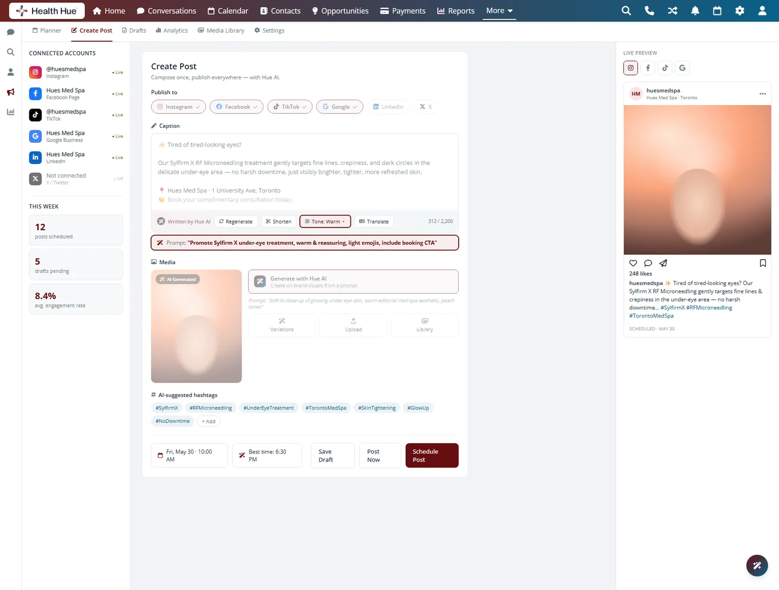 Tone and prompt controls tuning the caption to the clinic voice in the Health Hue Hub.