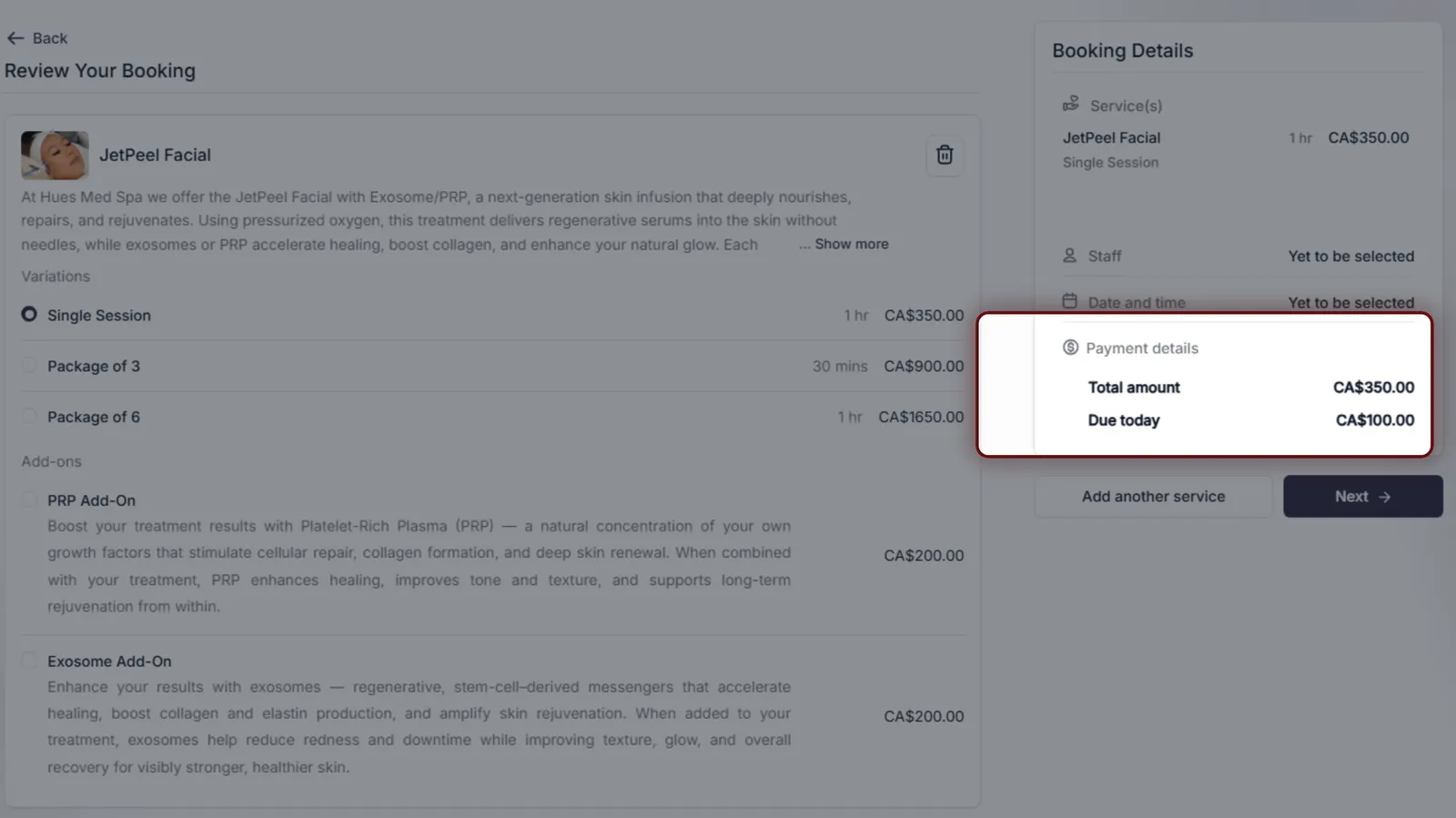 The Hue's Med Spa booking review screen highlighting the order total and deposit growing as add-ons are selected.