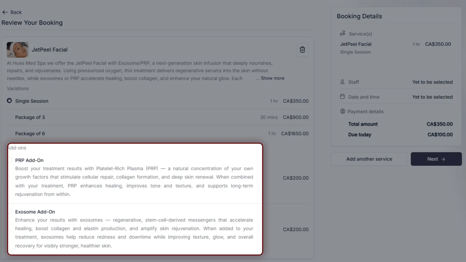The Hue's Med Spa booking review screen highlighting relevant add-ons like PRP and Exosome alongside the chosen treatment.