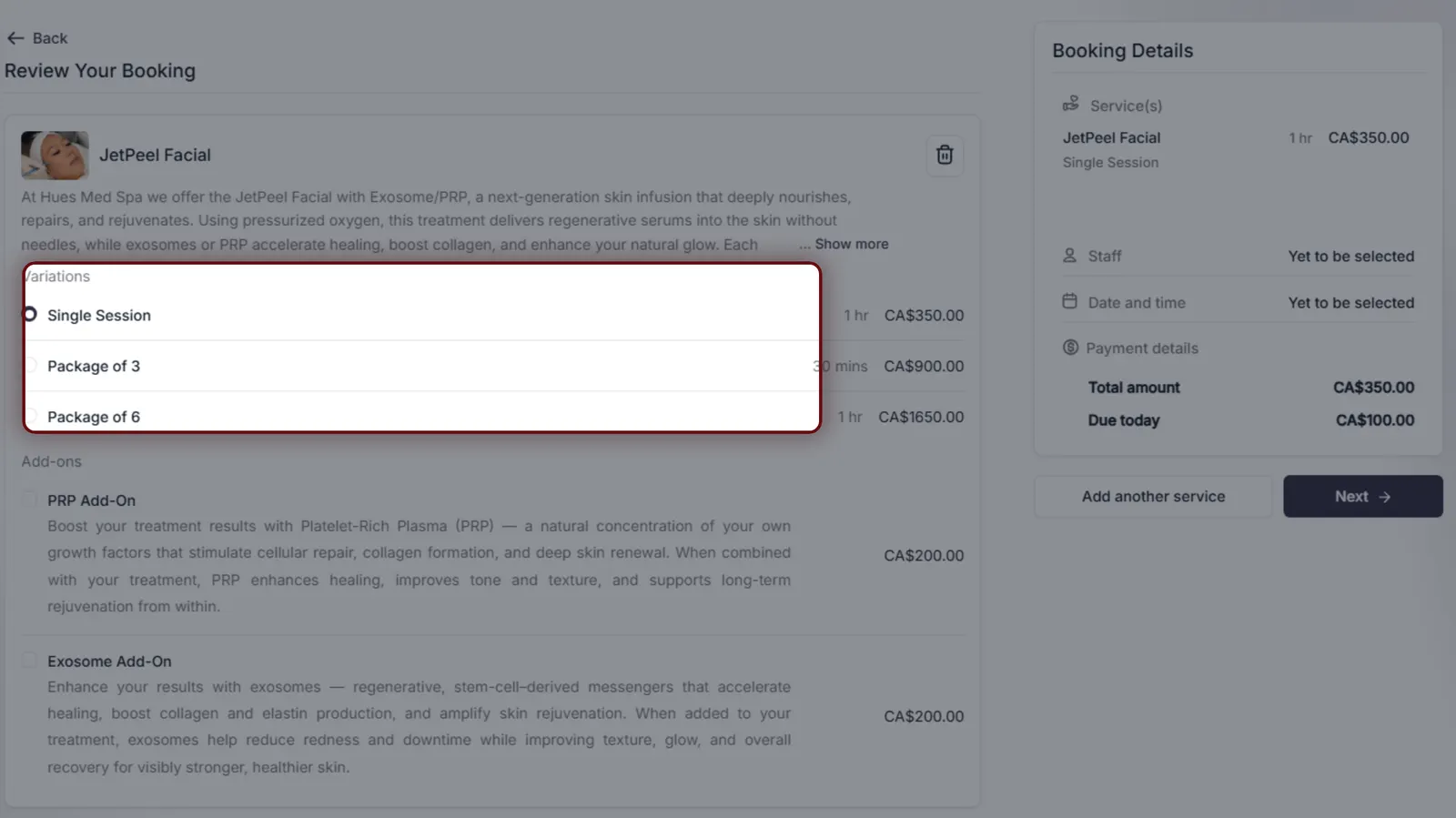 The Hue's Med Spa booking review screen highlighting the one-tap treatment variations and packages.