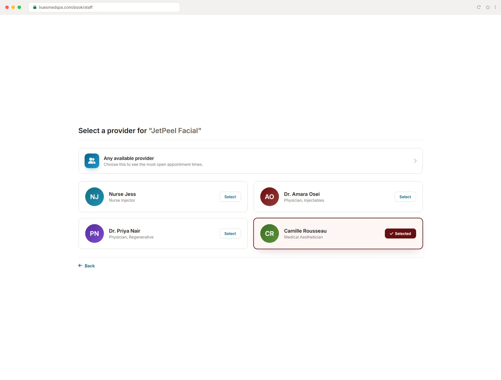 The same booking widget with the provider row highlighted, where a patient picks Nurse Jess or changes to another available provider.