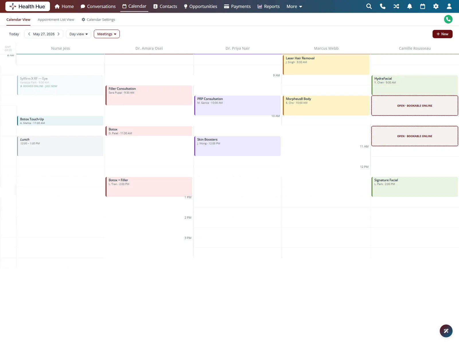 The Health Hue Hub calendar with all open slots highlighted, pulled live from the real schedule across three providers.