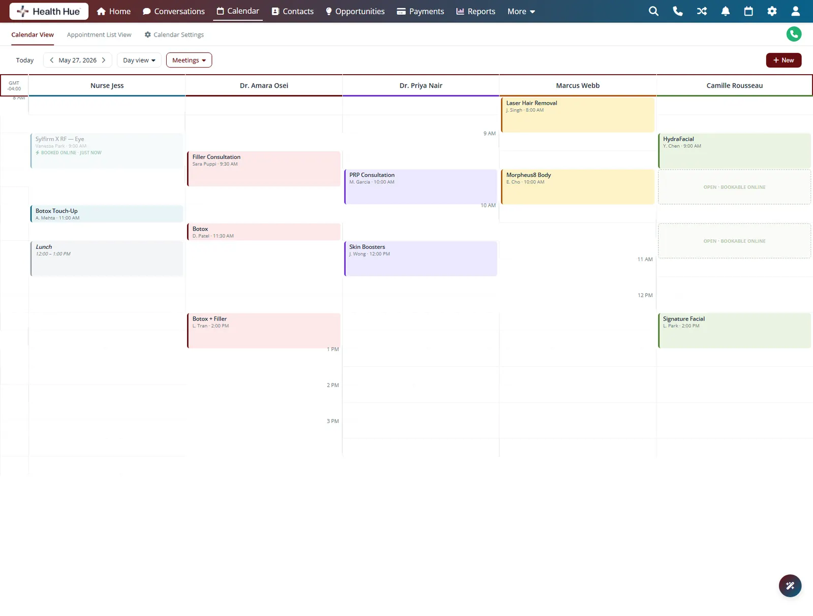 The same calendar with buffer, off-hours, and device cooldown bands highlighted, showing booking rules applied automatically.