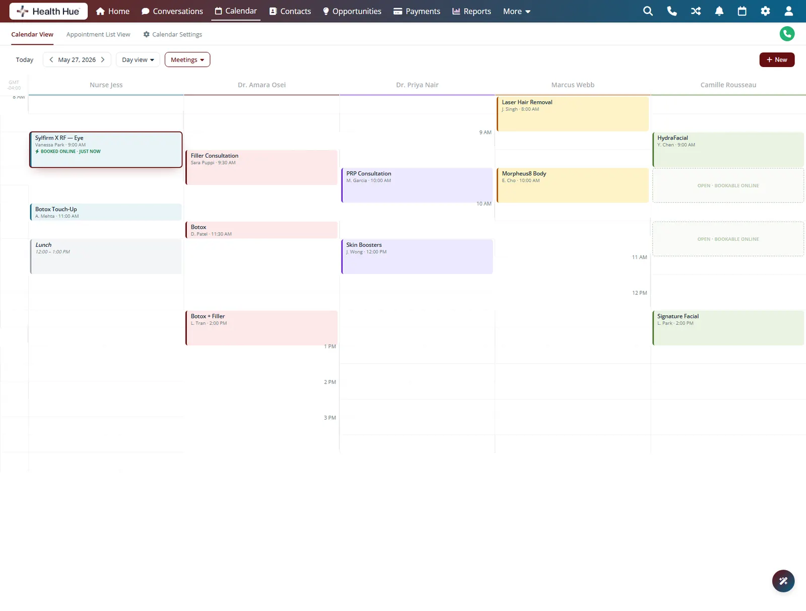 The same calendar with one booked appointment highlighted, marked as hidden from other patients so it cannot be double booked.