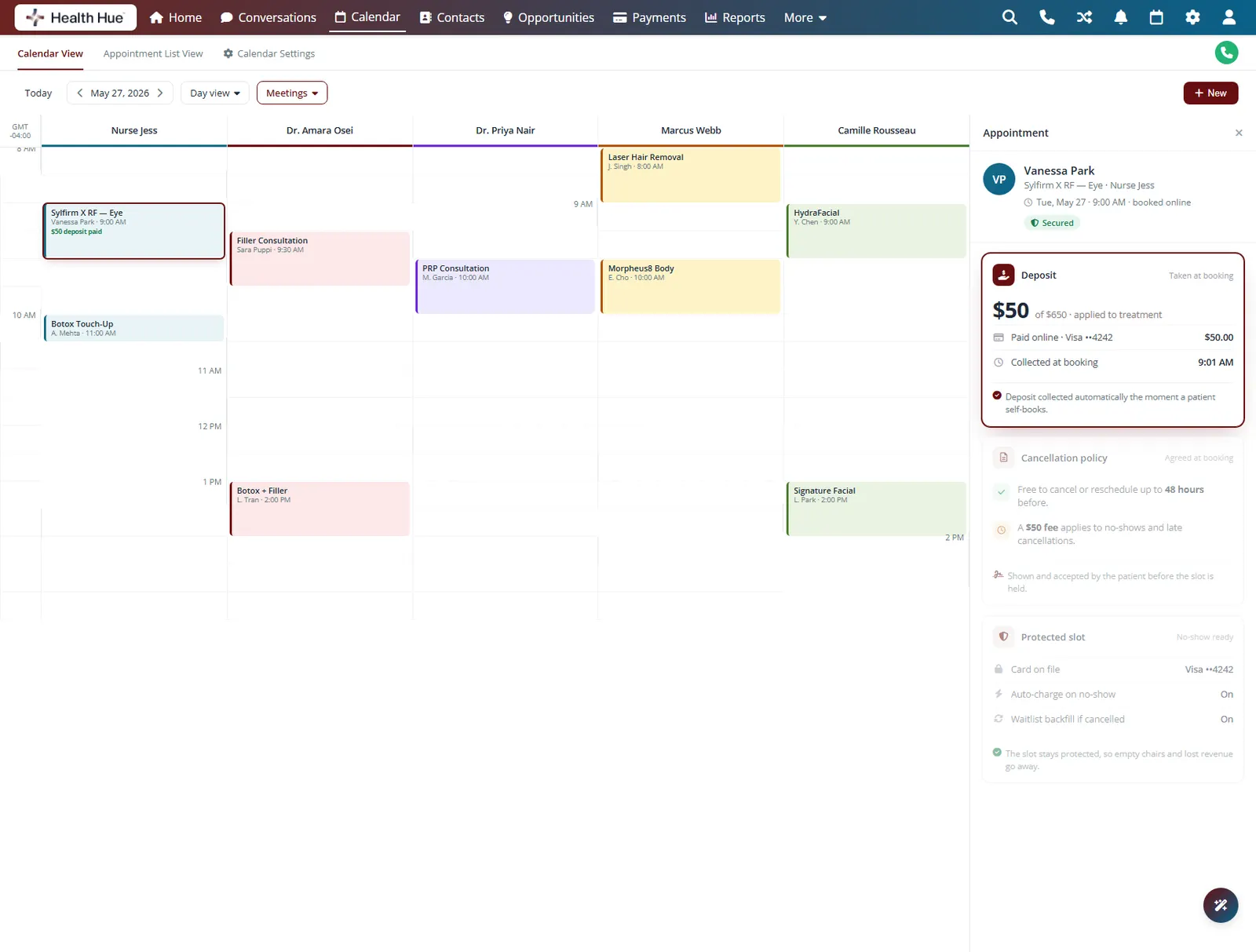 The Health Hue Hub deposit step with the card fields highlighted, capturing a payment method securely as part of booking.