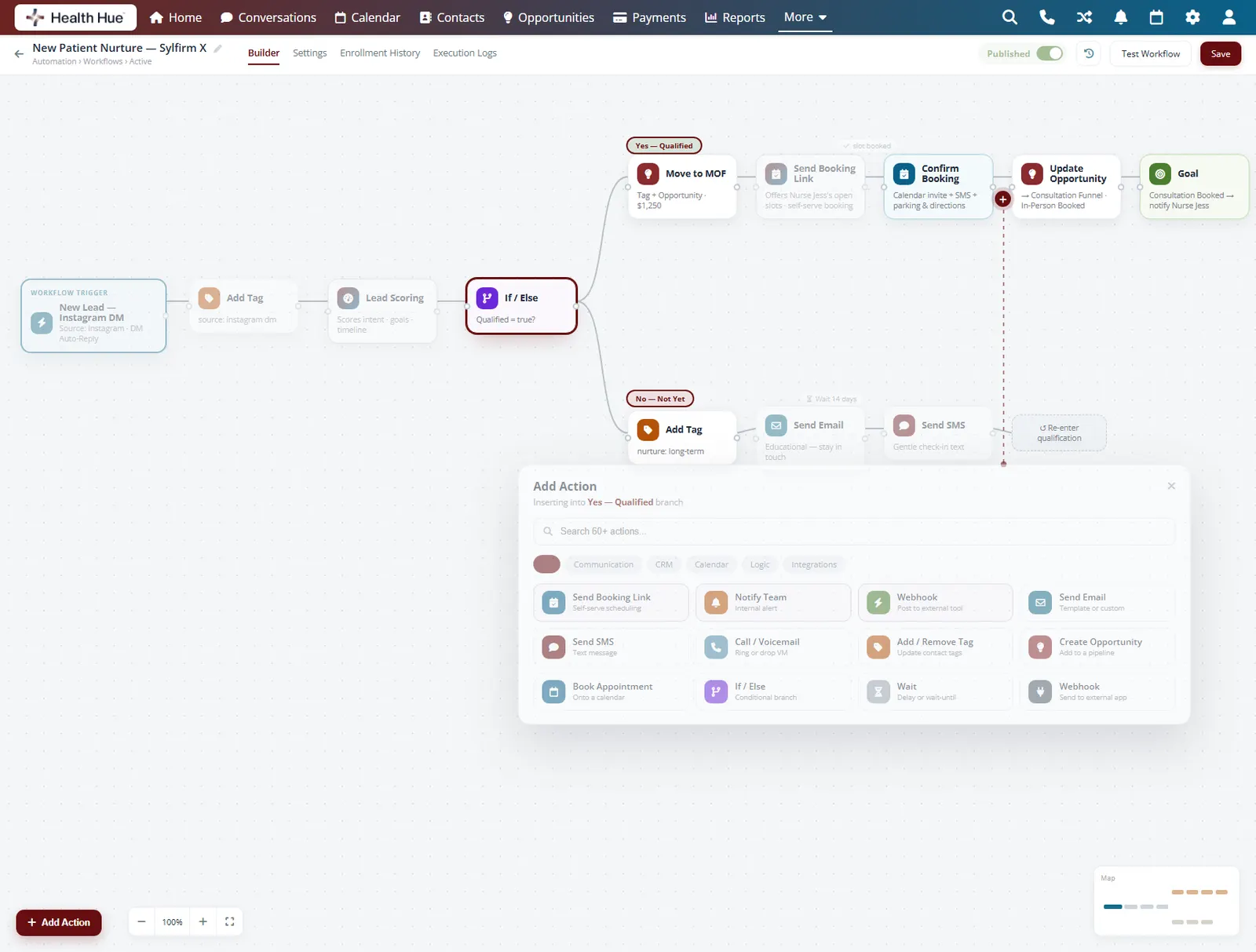 The same automation builder with the if and else branch step and its yes and no paths highlighted.