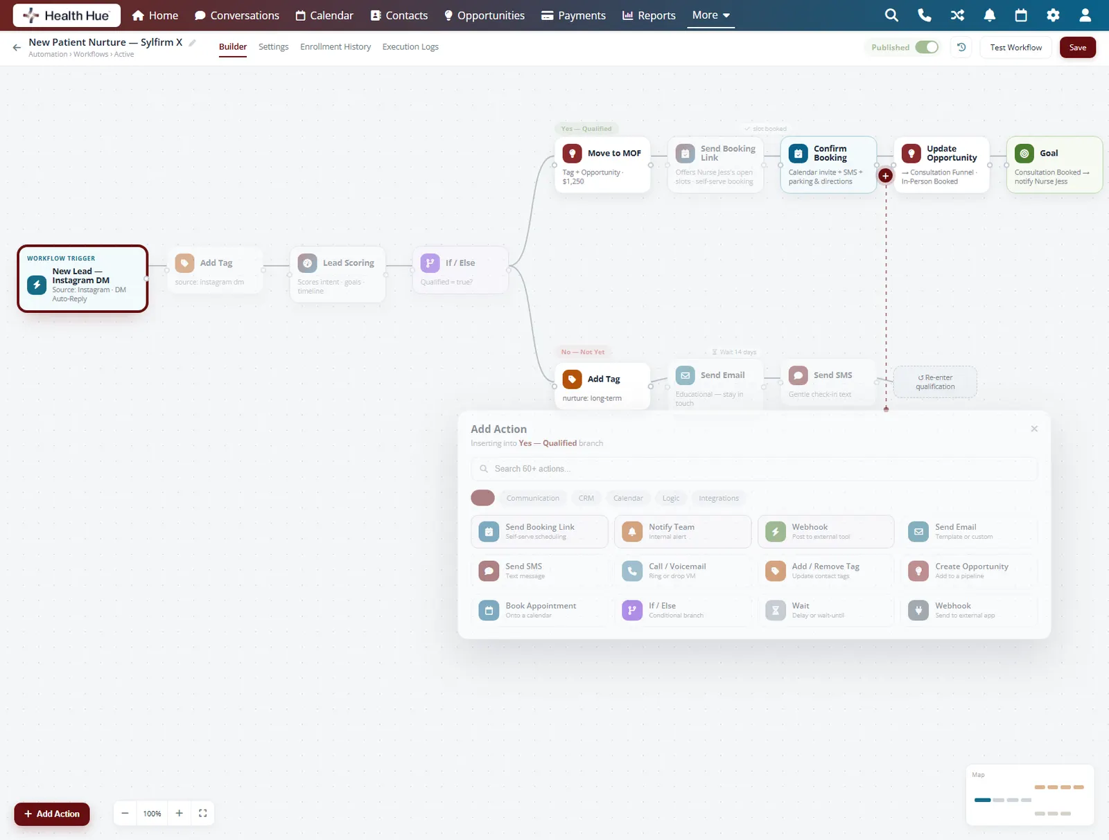 The Health Hue Hub automation builder with the event based trigger node highlighted at the start of the flow.