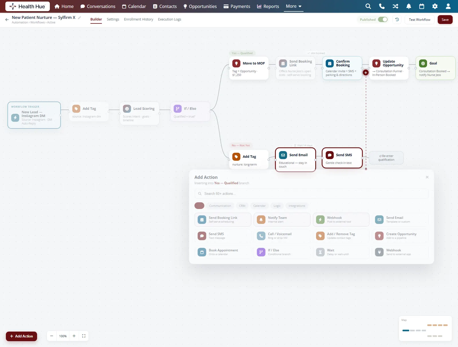 The Health Hue Hub automation builder with a Send Email step and a Send SMS step highlighted side by side in one flow.