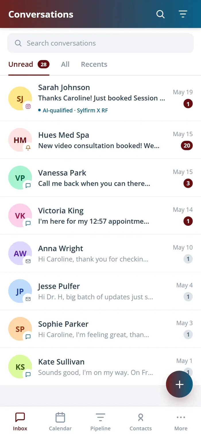 The Health Hue Hub conversation inbox on mobile.