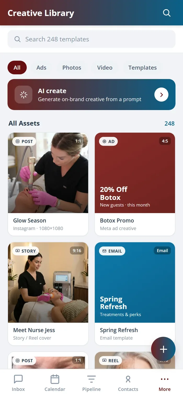 The Health Hue Hub creative library on the mobile app, showing recent assets and templates.