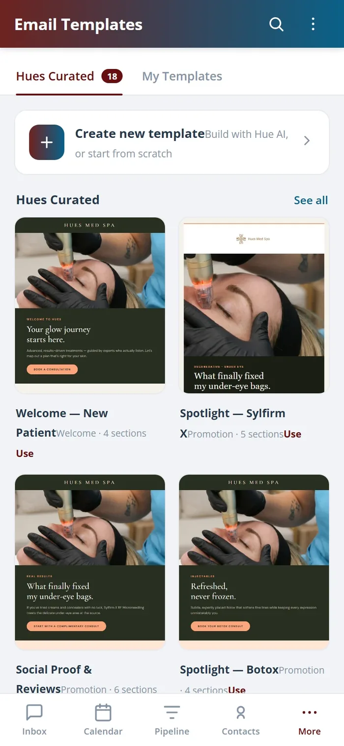 The Health Hue Hub email template library on the mobile app, showing saved on-brand layouts.