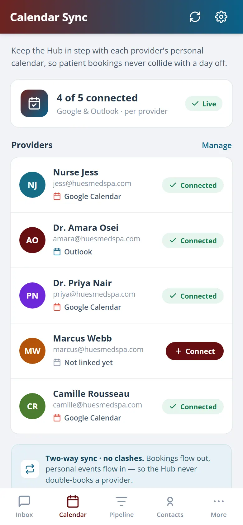 Two-way provider calendar sync connections on mobile.