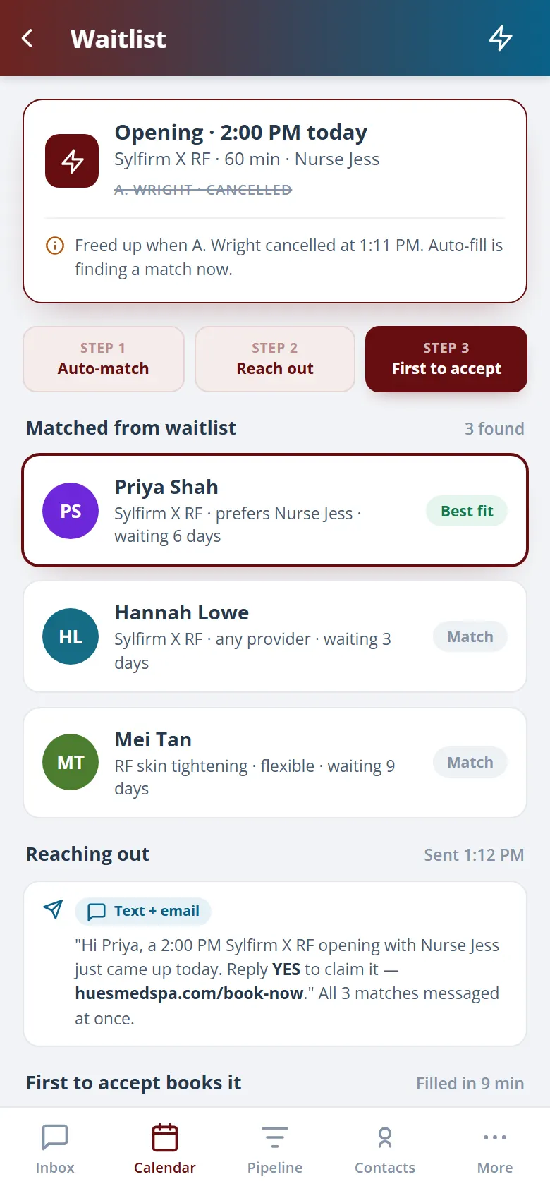 Intelligent waitlist auto-fill matching patients to an opening on mobile.