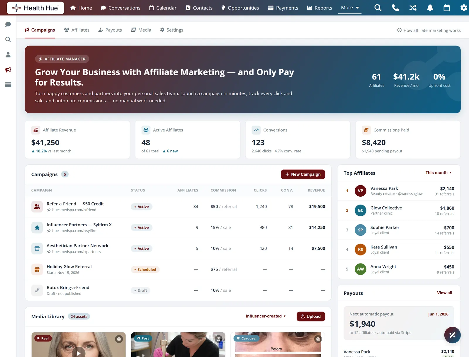 The Health Hue Hub affiliate and referral program dashboard