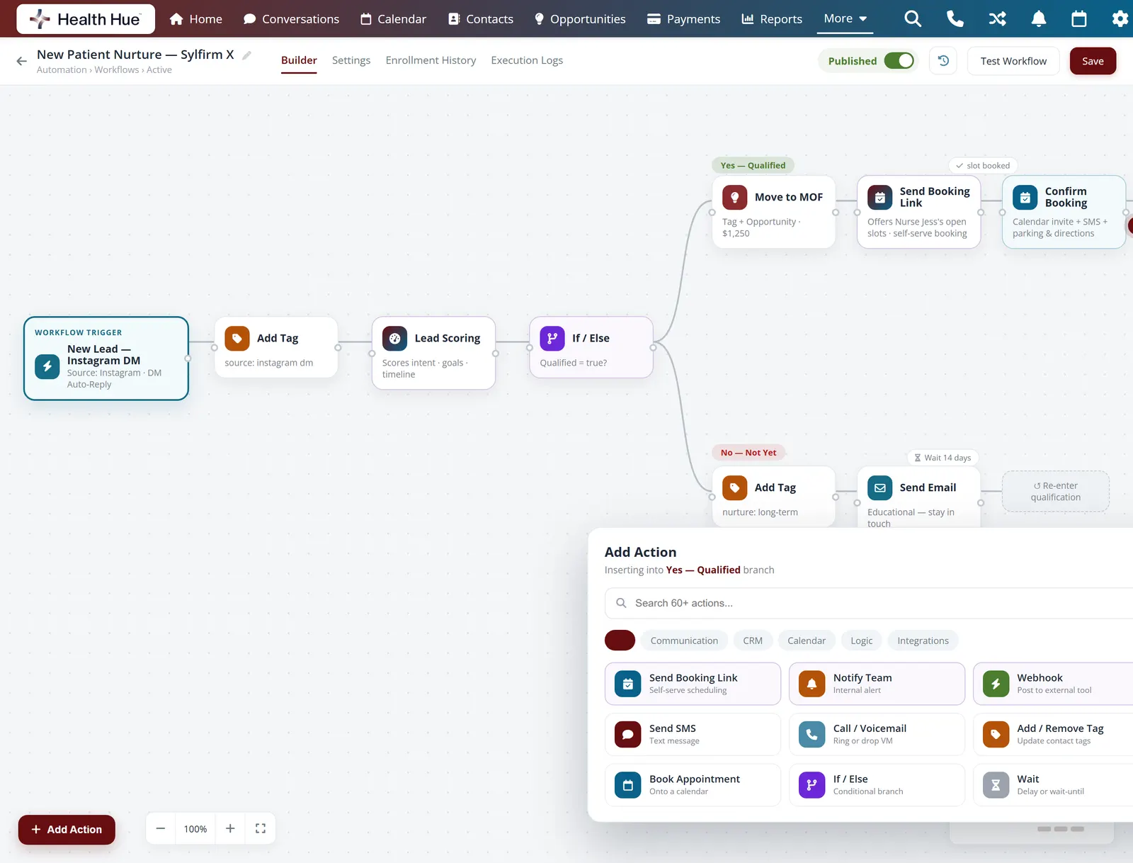 A Health Hue Hub automation workflow with SMS and email steps