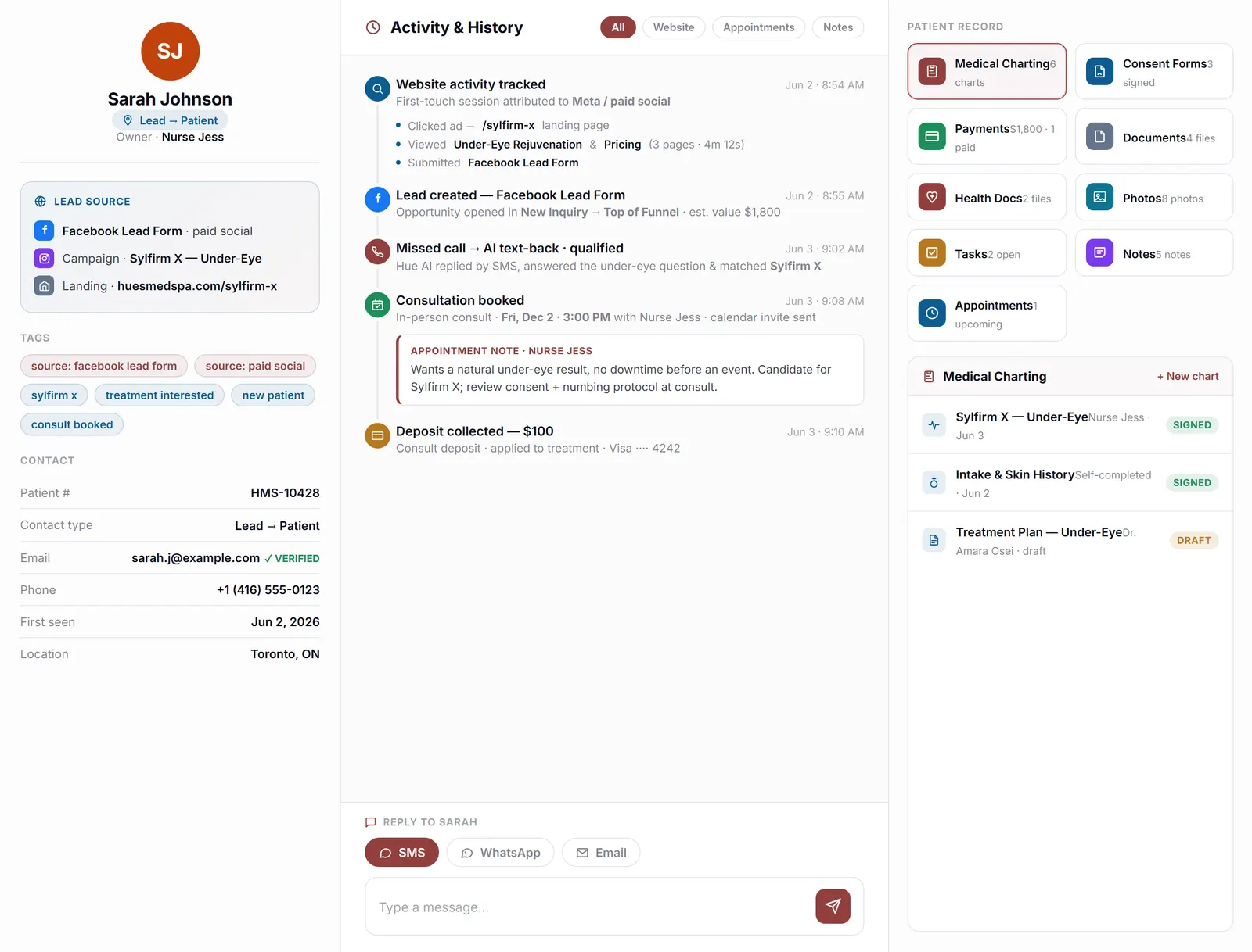A Health Hue Hub patient profile with treatments, history, documents, and payments