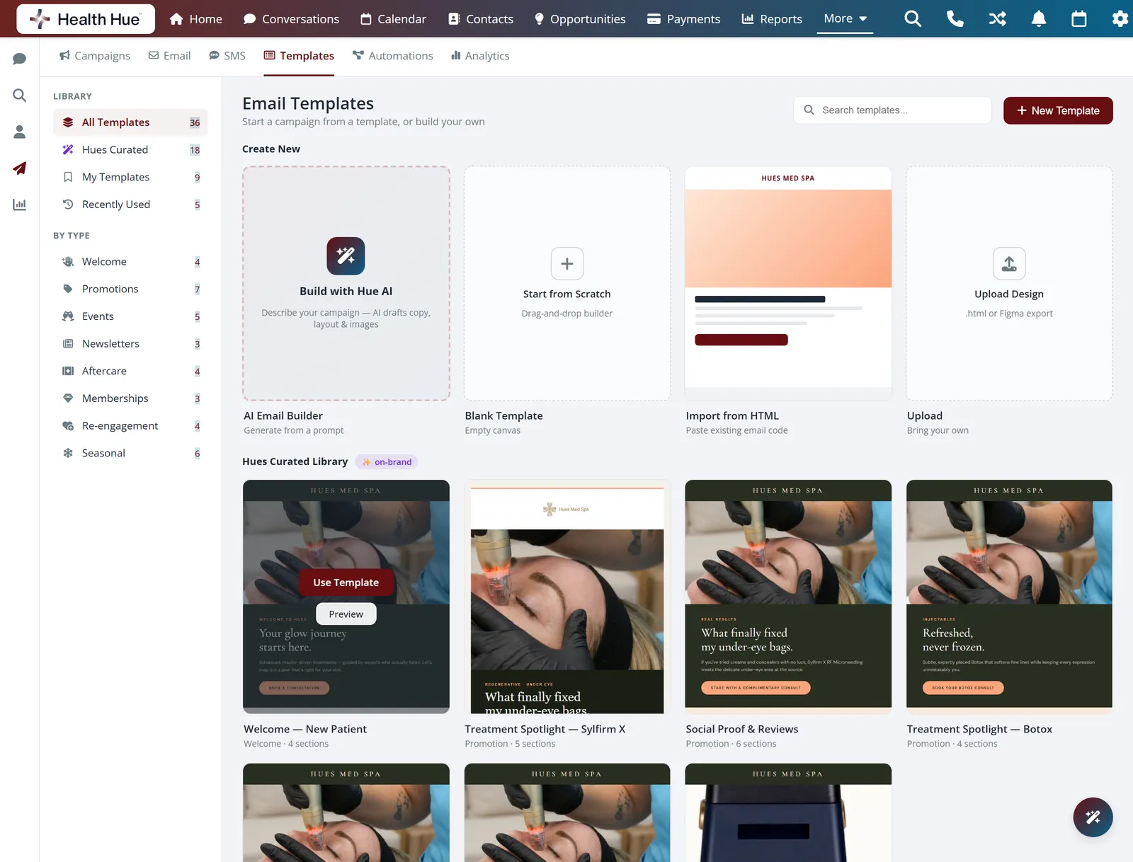The Health Hue Hub drag-and-drop email builder