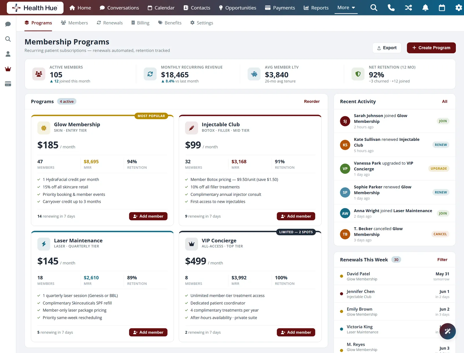 The Health Hue Hub memberships and packages dashboard