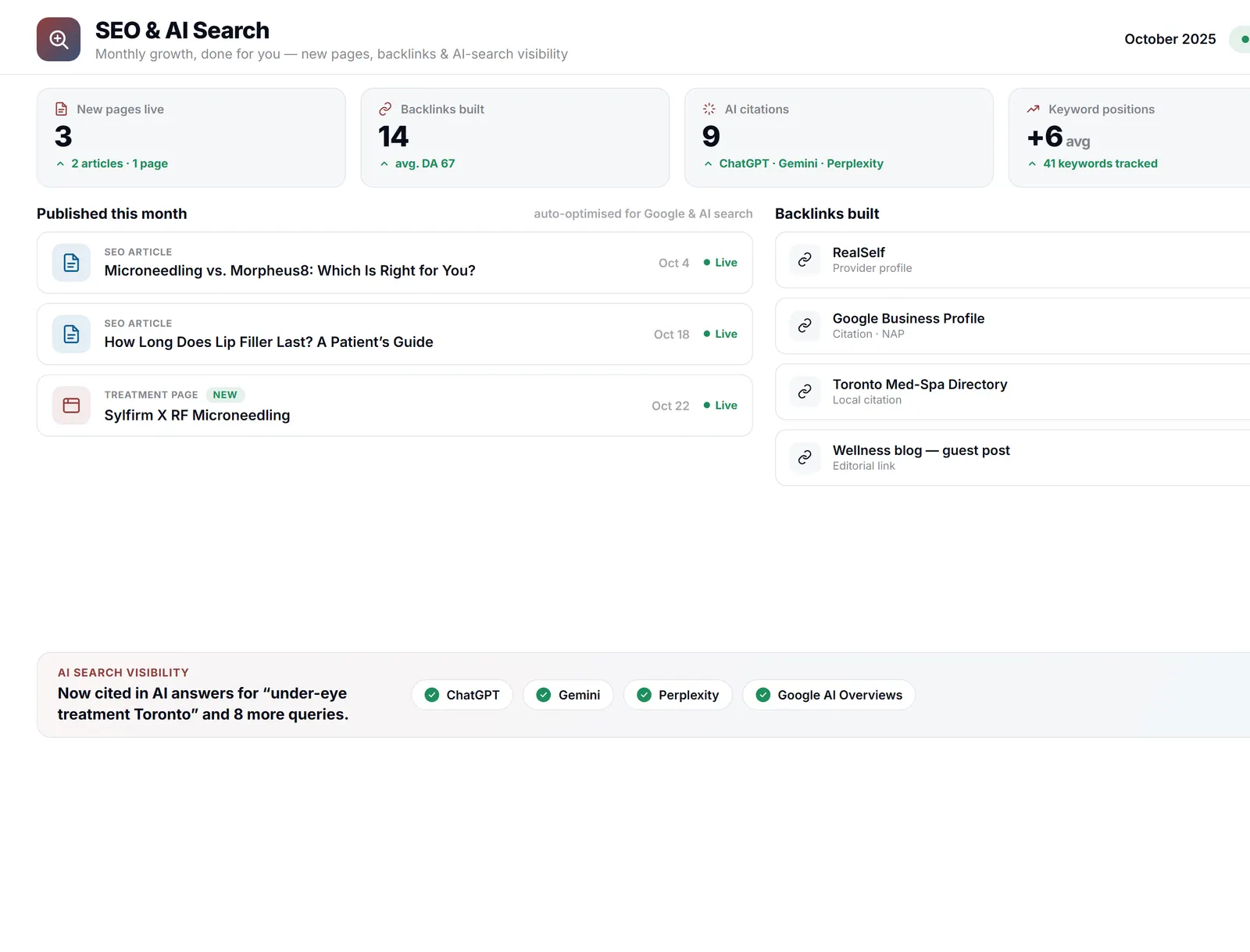 The Health Hue Hub GEO and AI-search growth dashboard