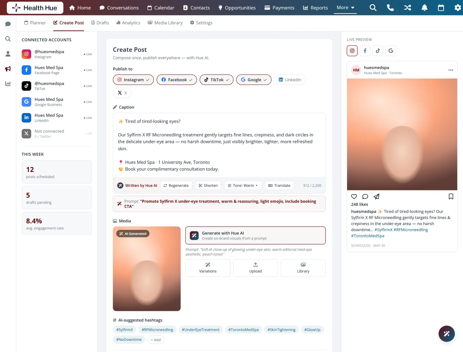 The Health Hue Hub social media scheduling calendar