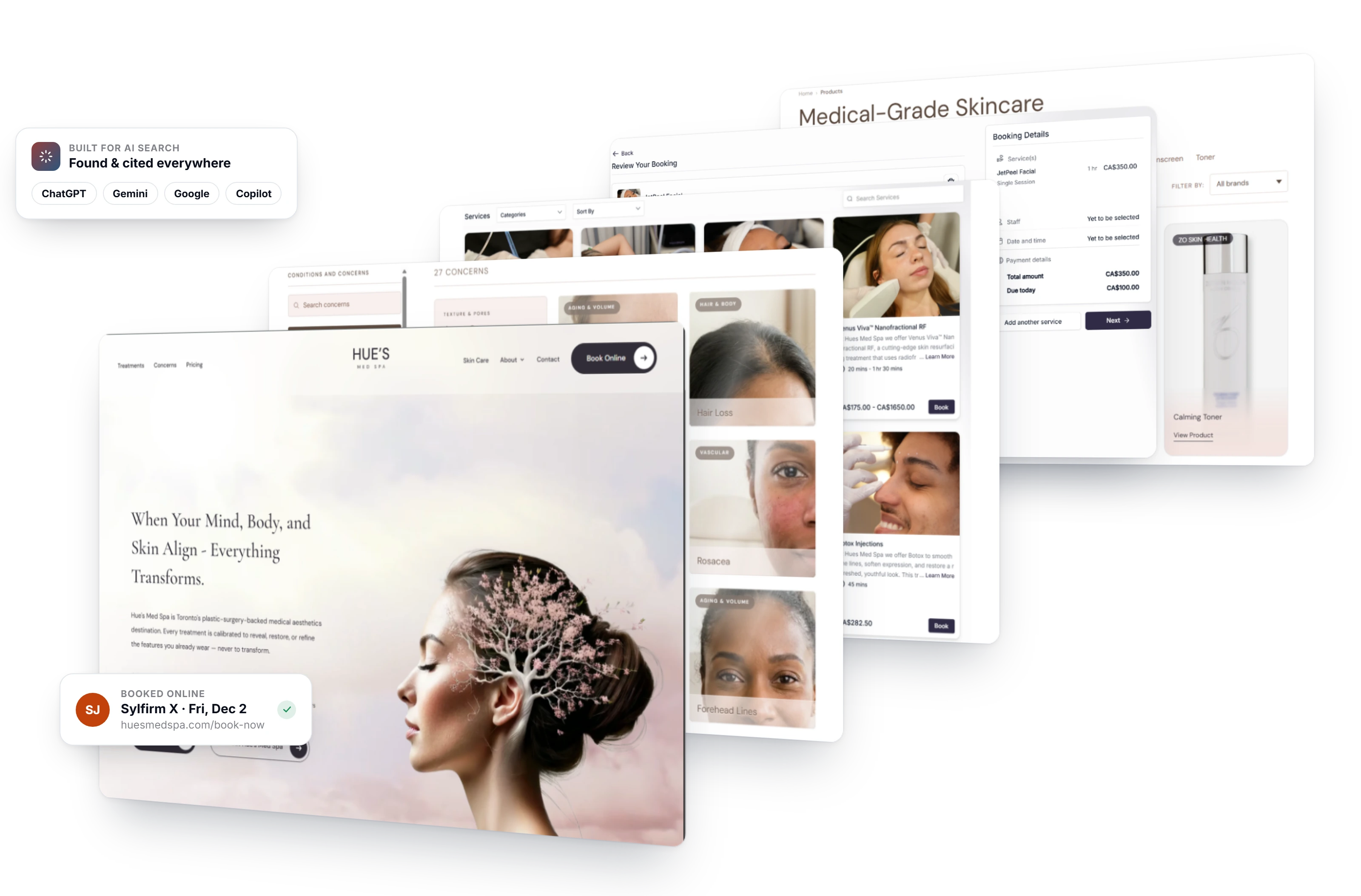 Health Hue clinic websites, modern website, online booking, treatment add-ons, AI-search optimization, and skincare product pages shown together